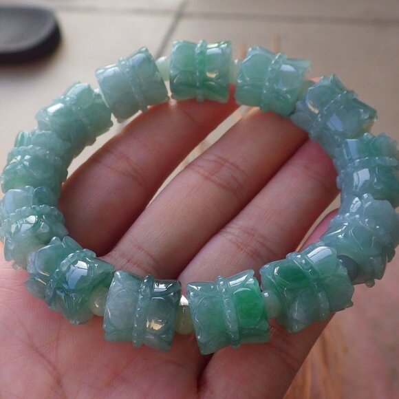 Certified Green 100% Natural A JADE Jadeite Beads Bangle Flower Bracelet 433889 - Picture 7 of 7